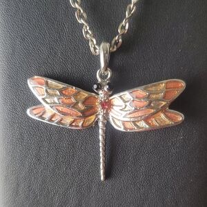 Dragonfly Pendant Necklace in Silver and Orange